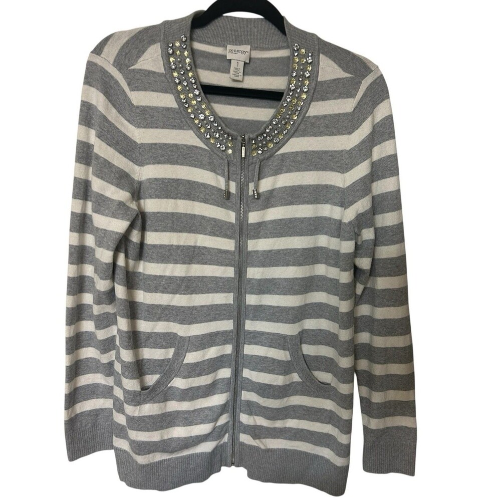 Chicos Zenergy Gray Sweater Cardigan Striped Rhinestone Cashmere Blend Sz 1/M